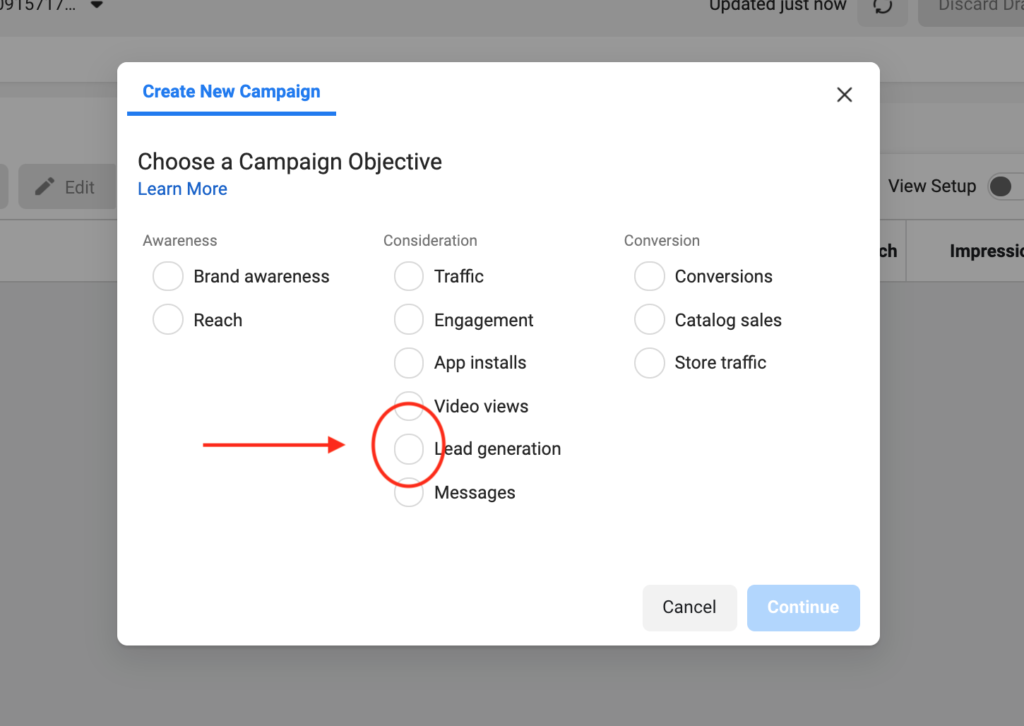 Click on ‘Lead generation’ then click next.