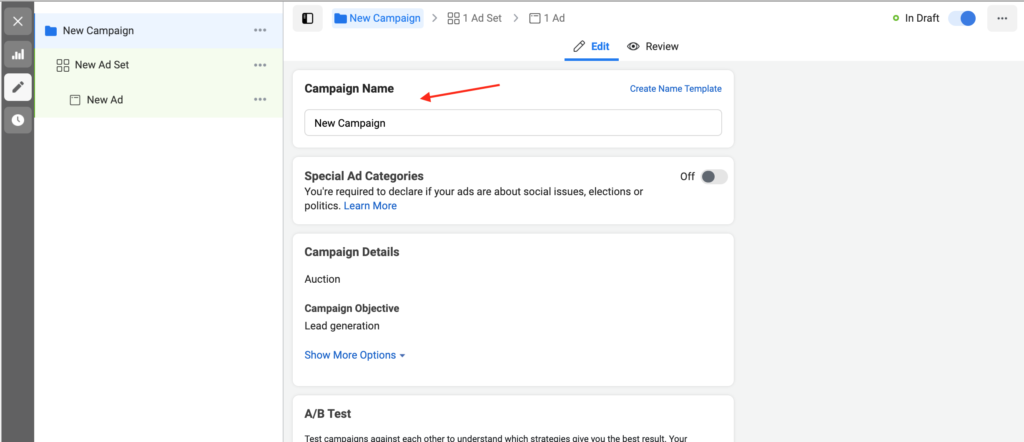 Name your campaign, leave everything the same. Click ‘New Ad Set’ when you are done.