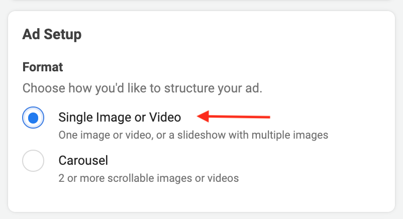 Leave Ad Setup to: Single Image or Video